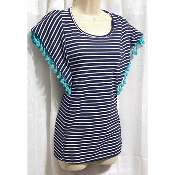 Twenty Second Blue & White Striped Top with Aqua Accented Sleeves sz:S - Picture 2 of 9